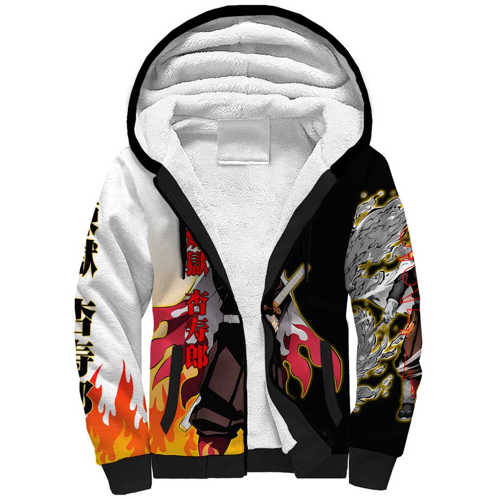 Kyojuro Rengoku from Demon Slayer Sherpa Hoodie with Black and White Split Design and Fiery Manga Panel Background - The Mazicc