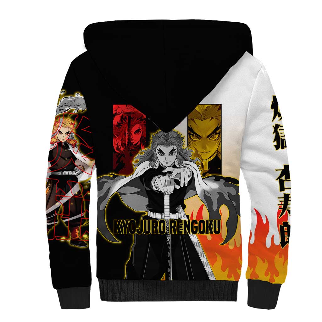 Kyojuro Rengoku from Demon Slayer Sherpa Hoodie with Black and White Split Design and Fiery Manga Panel Background - The Mazicc