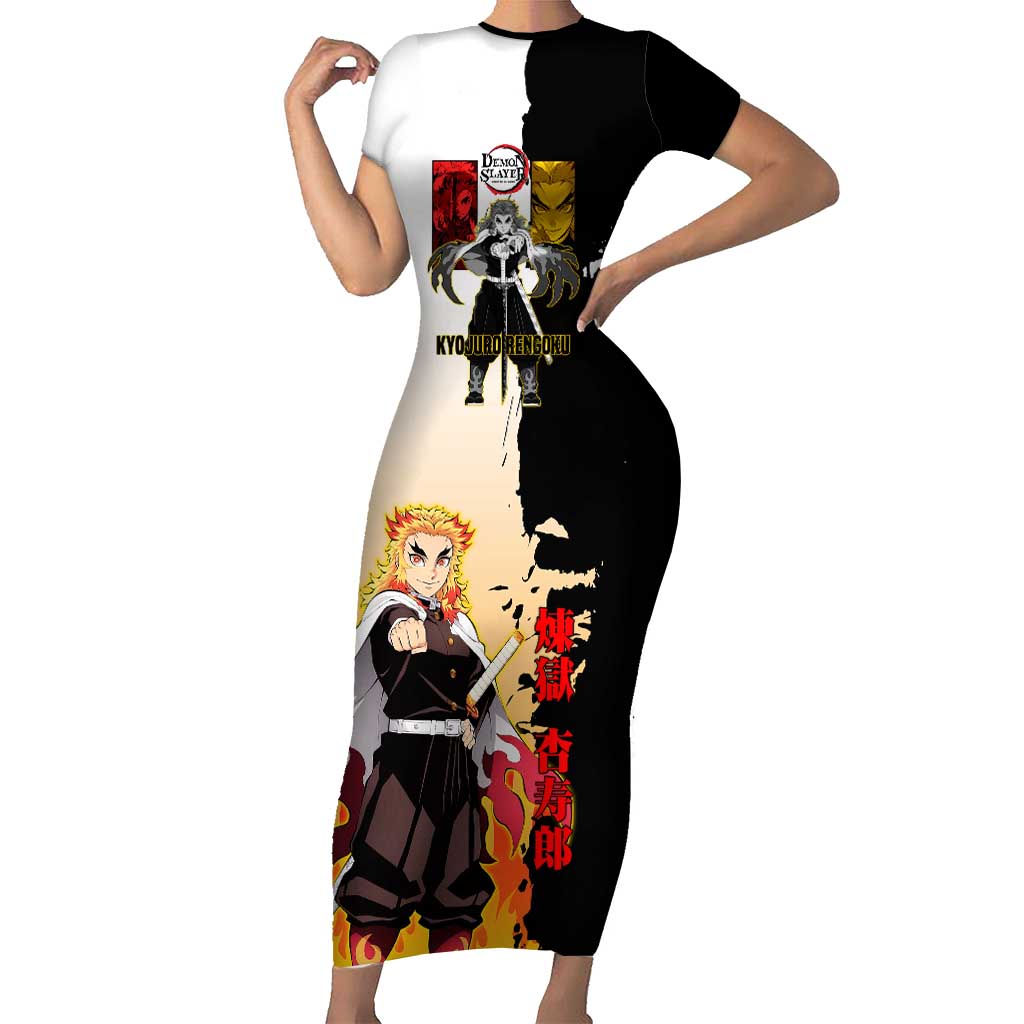 Kyojuro Rengoku from Demon Slayer Short Sleeve Bodycon Dress with Black and White Split Design and Fiery Manga Panel Background - The Mazicc