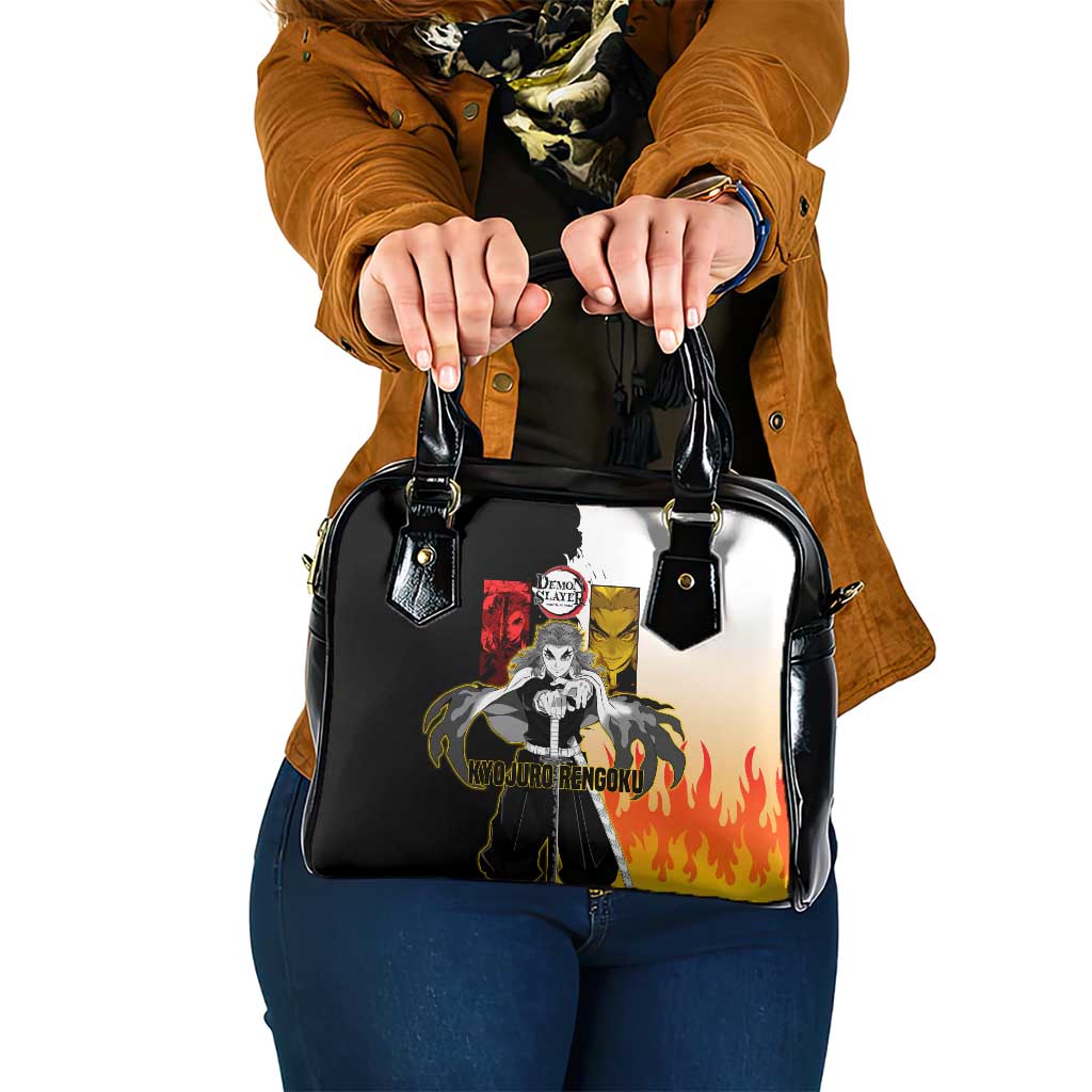 Kyojuro Rengoku from Demon Slayer Shoulder Handbag with Black and White Split Design and Fiery Manga Panel Background - The Mazicc