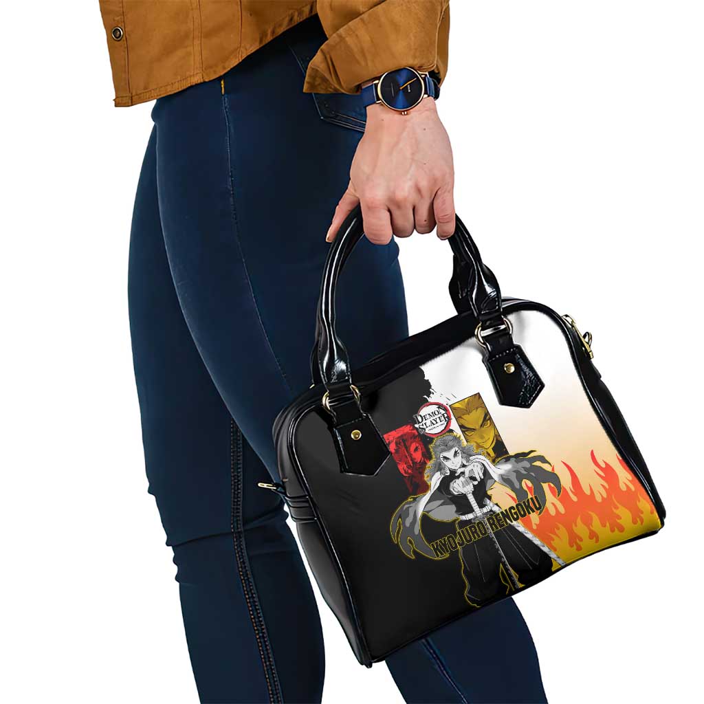 Kyojuro Rengoku from Demon Slayer Shoulder Handbag with Black and White Split Design and Fiery Manga Panel Background - The Mazicc