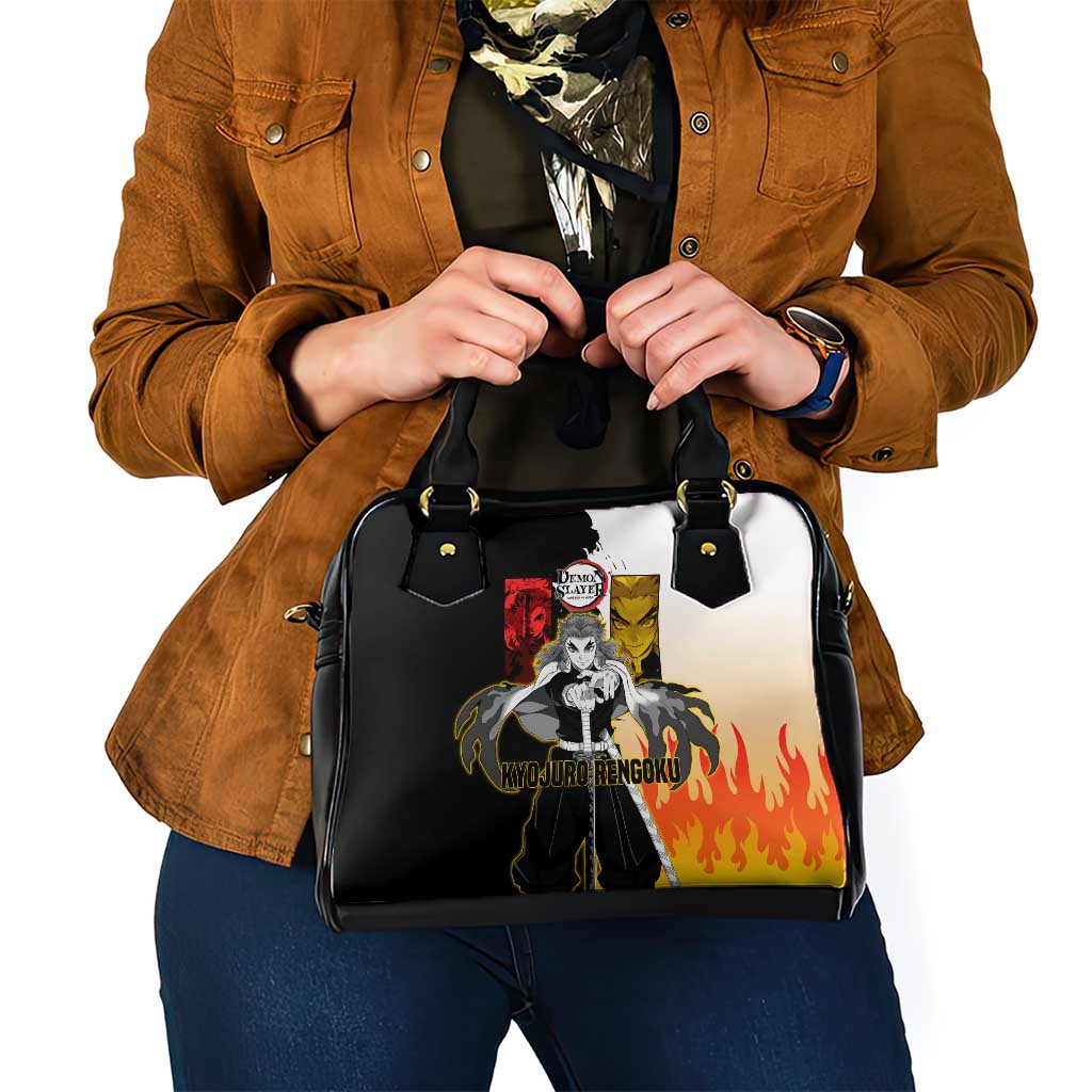 Kyojuro Rengoku from Demon Slayer Shoulder Handbag with Black and White Split Design and Fiery Manga Panel Background - The Mazicc