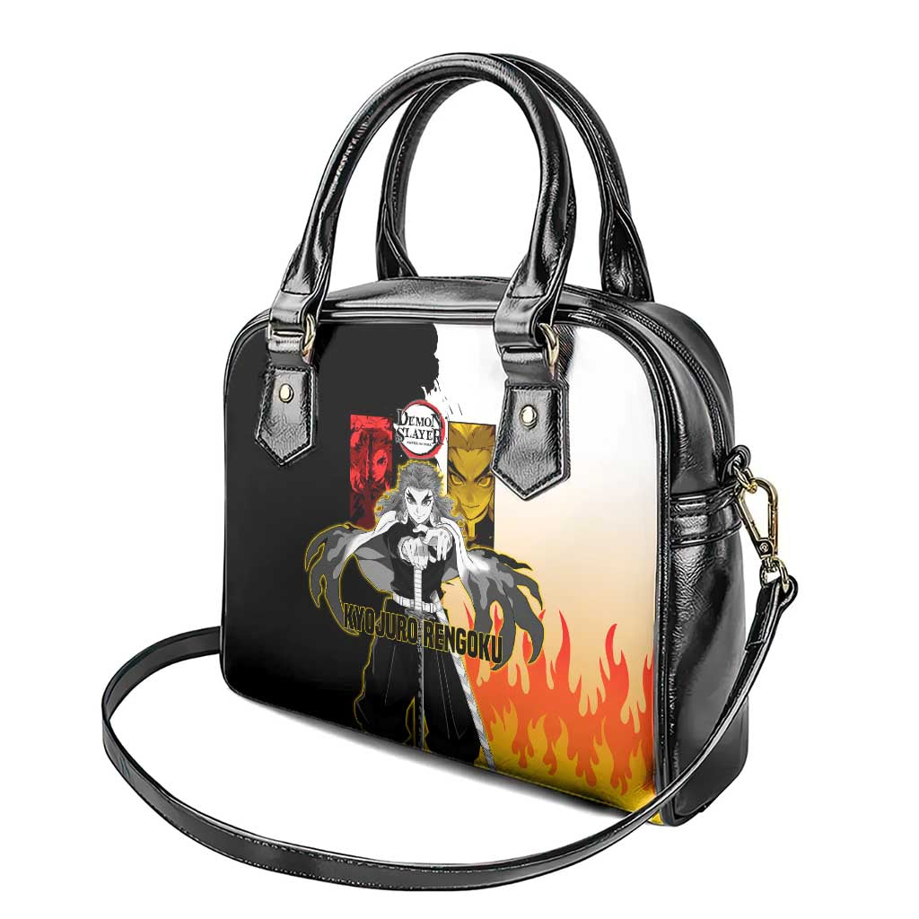 Kyojuro Rengoku from Demon Slayer Shoulder Handbag with Black and White Split Design and Fiery Manga Panel Background - The Mazicc