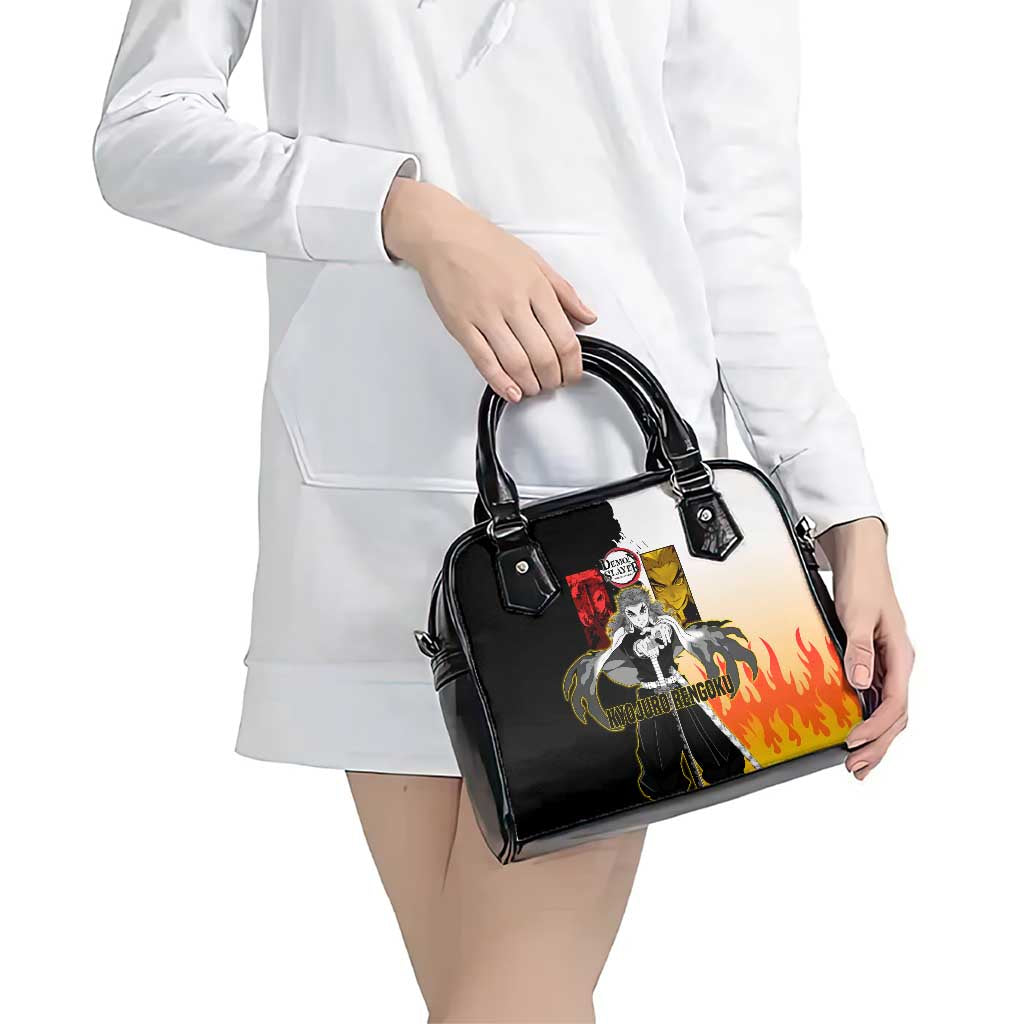 Kyojuro Rengoku from Demon Slayer Shoulder Handbag with Black and White Split Design and Fiery Manga Panel Background - The Mazicc