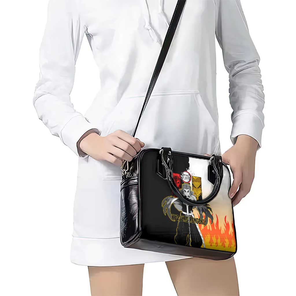 Kyojuro Rengoku from Demon Slayer Shoulder Handbag with Black and White Split Design and Fiery Manga Panel Background - The Mazicc