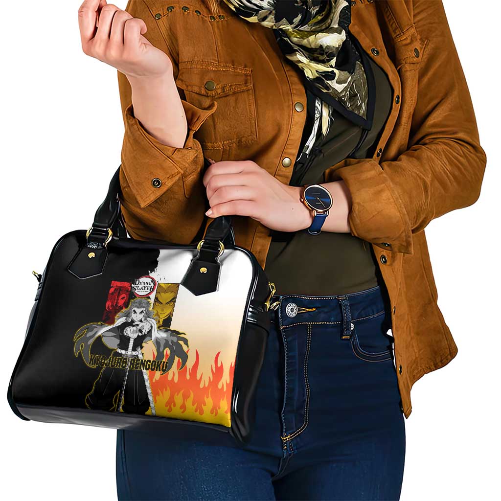 Kyojuro Rengoku from Demon Slayer Shoulder Handbag with Black and White Split Design and Fiery Manga Panel Background - The Mazicc