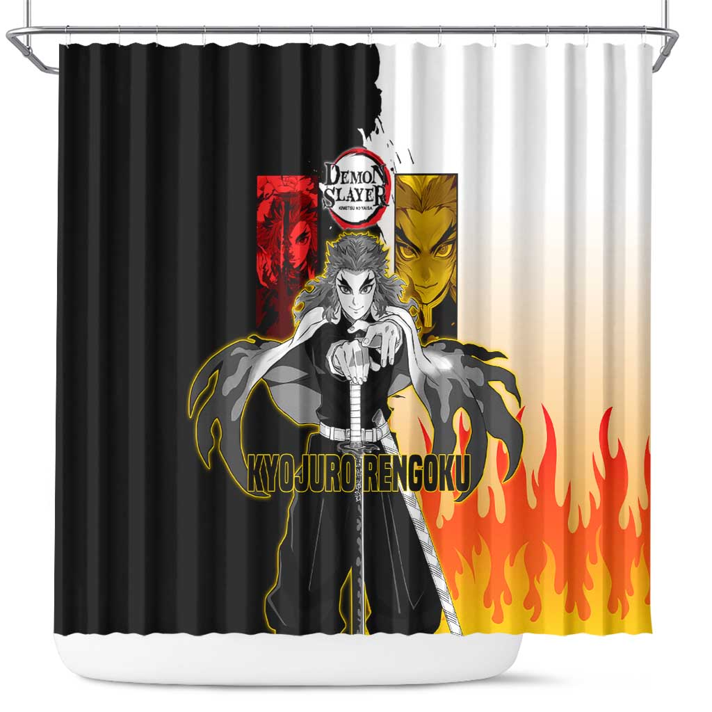 Kyojuro Rengoku from Demon Slayer Shower Curtain with Black and White Split Design and Fiery Manga Panel Background - The Mazicc
