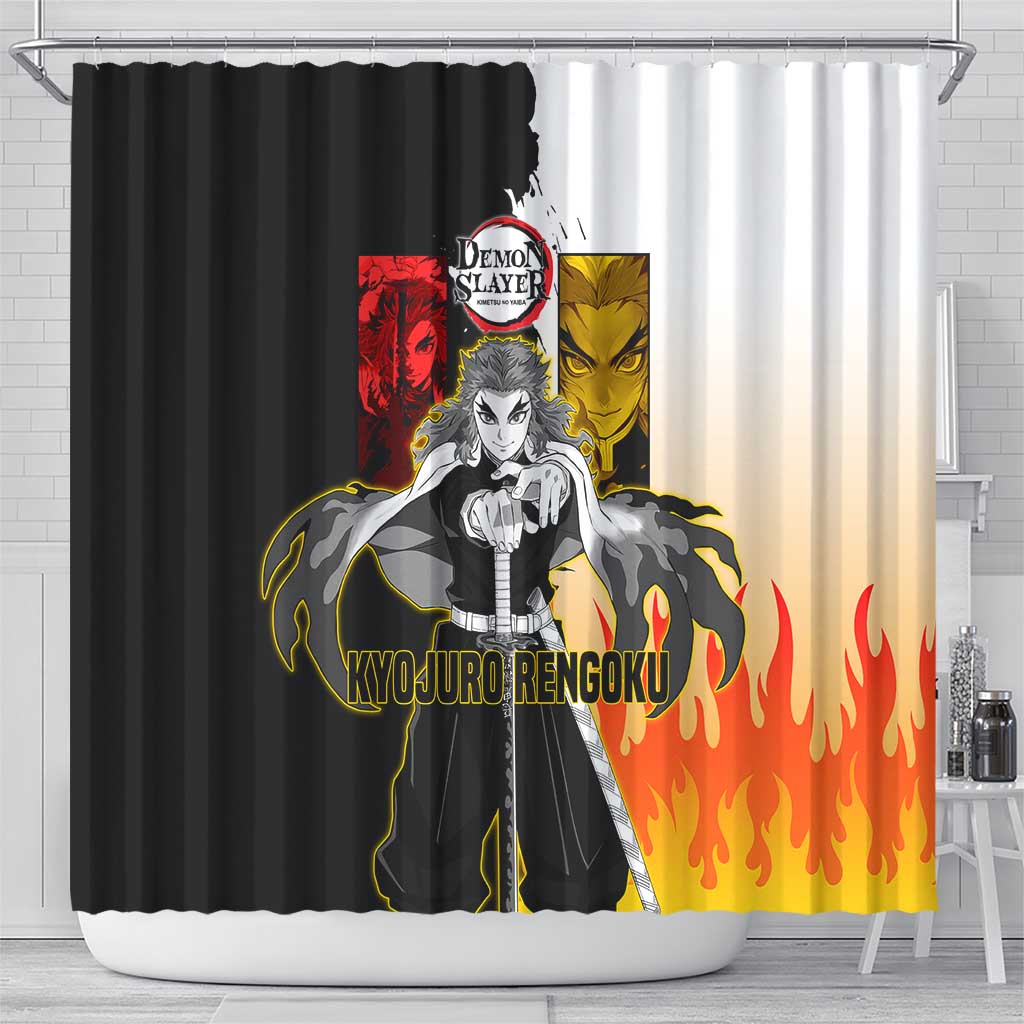 Kyojuro Rengoku from Demon Slayer Shower Curtain with Black and White Split Design and Fiery Manga Panel Background - The Mazicc
