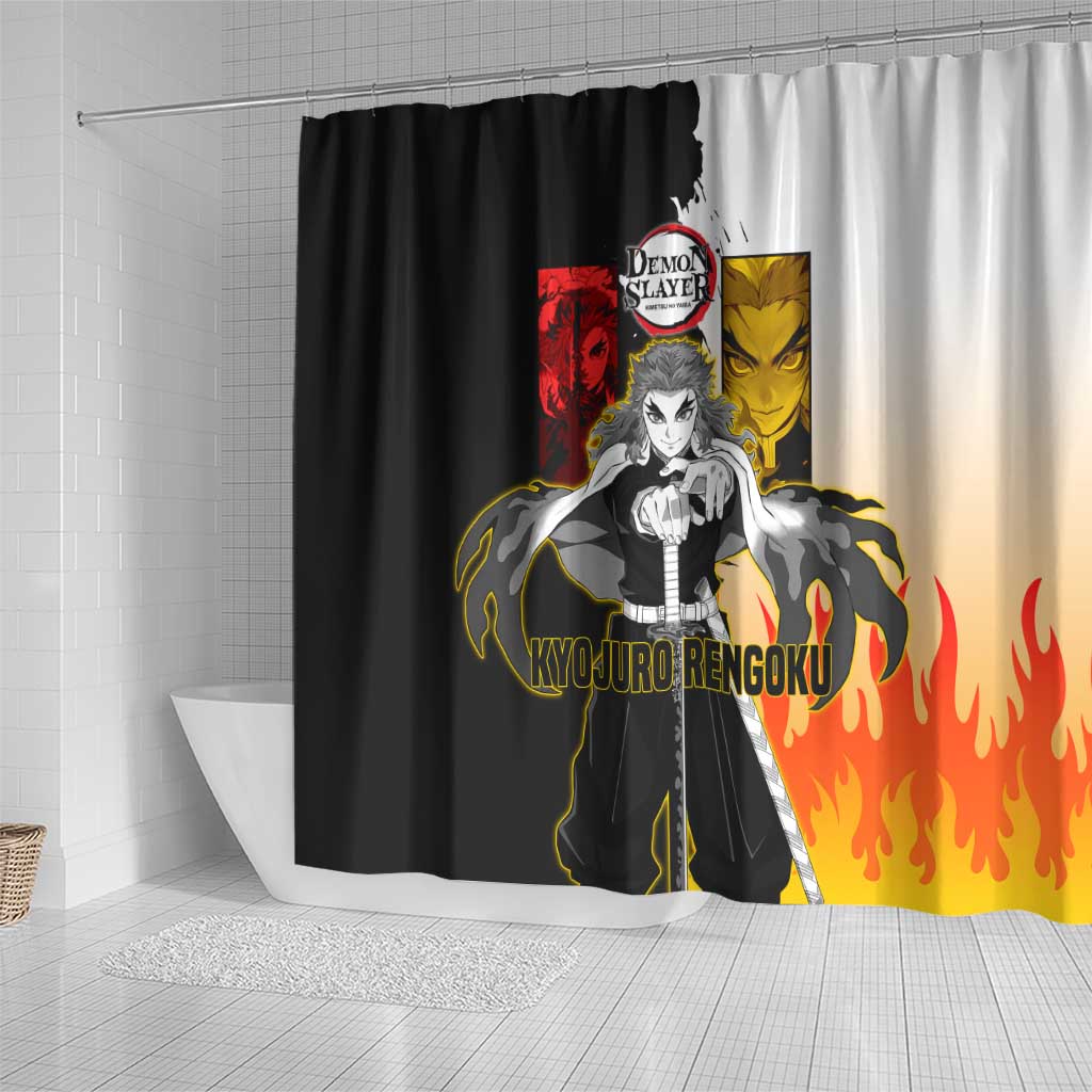 Kyojuro Rengoku from Demon Slayer Shower Curtain with Black and White Split Design and Fiery Manga Panel Background - The Mazicc