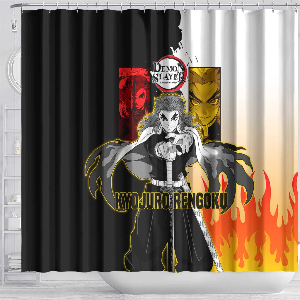 Kyojuro Rengoku from Demon Slayer Shower Curtain with Black and White Split Design and Fiery Manga Panel Background - The Mazicc