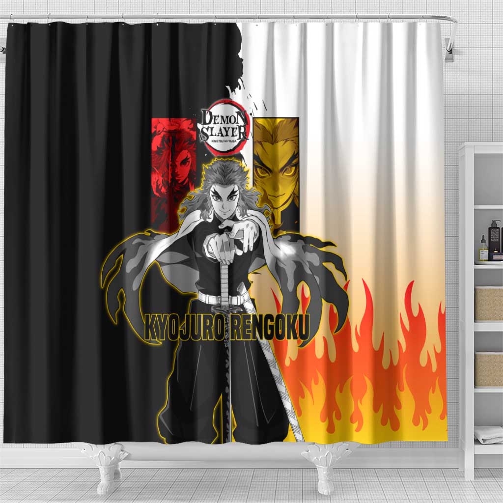 Kyojuro Rengoku from Demon Slayer Shower Curtain with Black and White Split Design and Fiery Manga Panel Background - The Mazicc