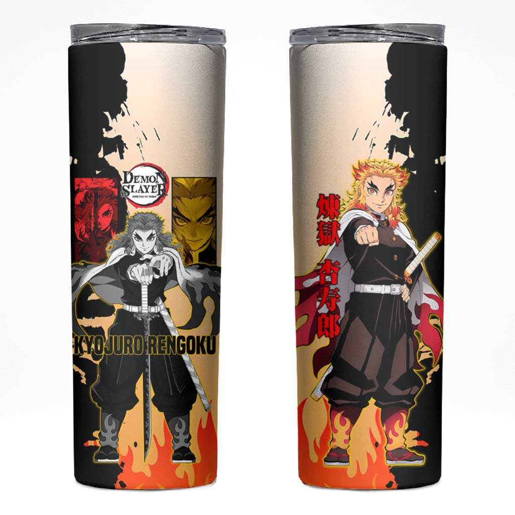 Kyojuro Rengoku from Demon Slayer Skinny Tumbler with Black and White Split Design and Fiery Manga Panel Background - The Mazicc