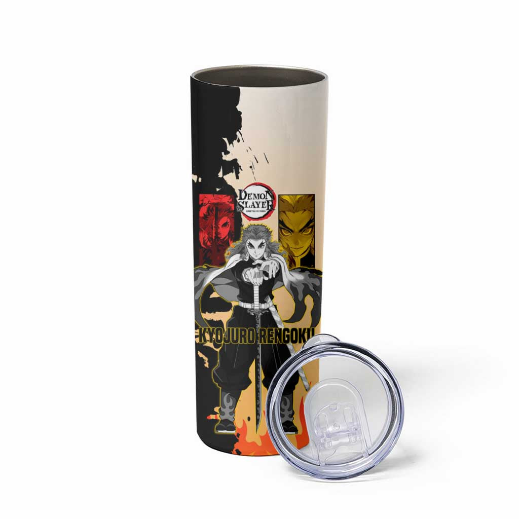 Kyojuro Rengoku from Demon Slayer Skinny Tumbler with Black and White Split Design and Fiery Manga Panel Background - The Mazicc