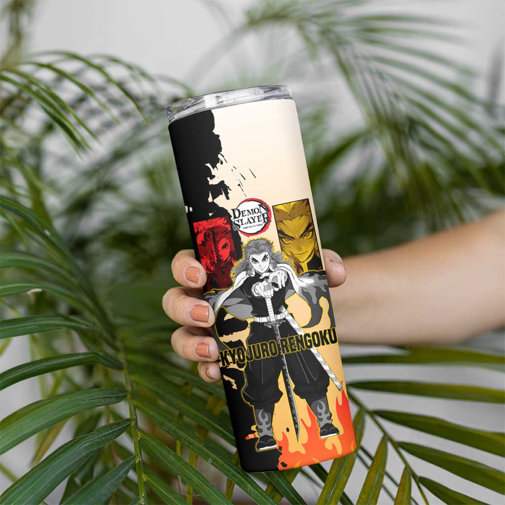 Kyojuro Rengoku from Demon Slayer Skinny Tumbler with Black and White Split Design and Fiery Manga Panel Background - The Mazicc