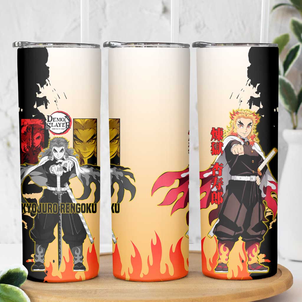 Kyojuro Rengoku from Demon Slayer Skinny Tumbler with Black and White Split Design and Fiery Manga Panel Background - The Mazicc