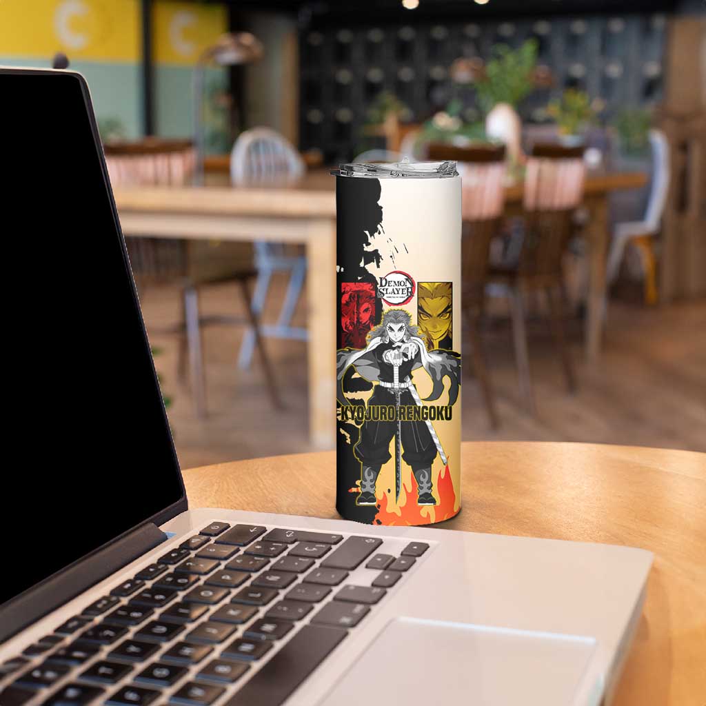 Kyojuro Rengoku from Demon Slayer Skinny Tumbler with Black and White Split Design and Fiery Manga Panel Background - The Mazicc