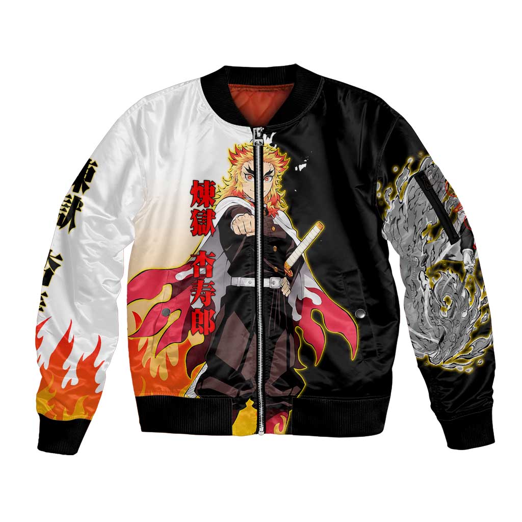 Kyojuro Rengoku from Demon Slayer Sleeve Zip Bomber Jacket with Black and White Split Design and Fiery Manga Panel Background - The Mazicc