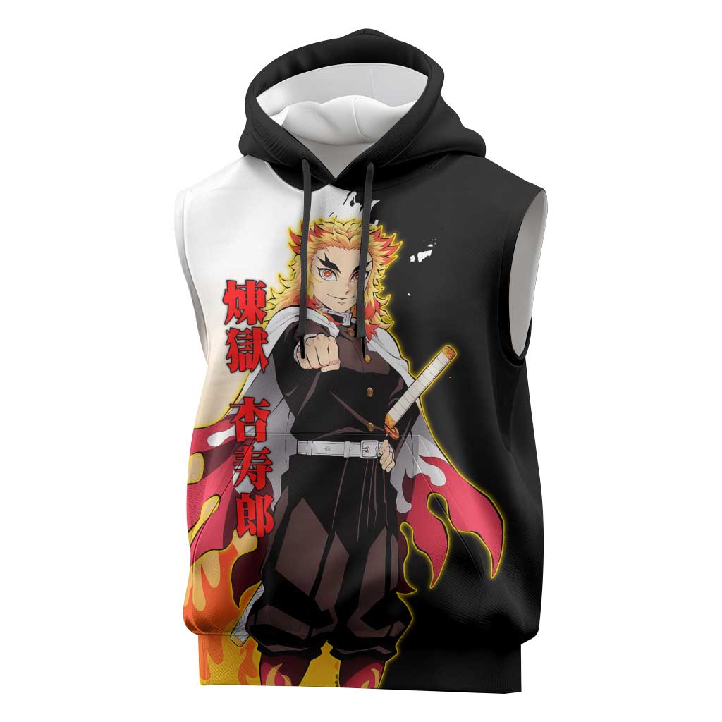 Kyojuro Rengoku from Demon Slayer Sleeveless Hoodie with Black and White Split Design and Fiery Manga Panel Background - The Mazicc