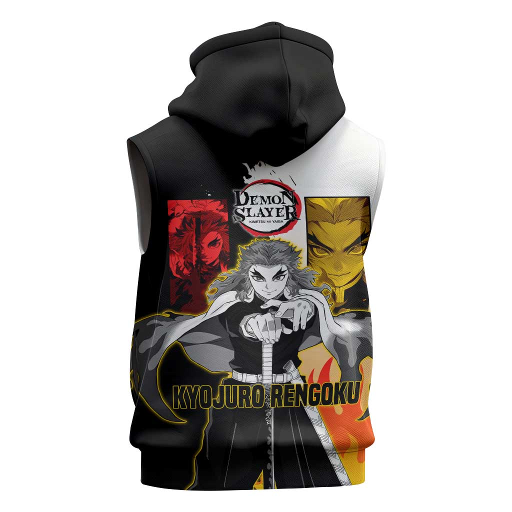 Kyojuro Rengoku from Demon Slayer Sleeveless Hoodie with Black and White Split Design and Fiery Manga Panel Background - The Mazicc