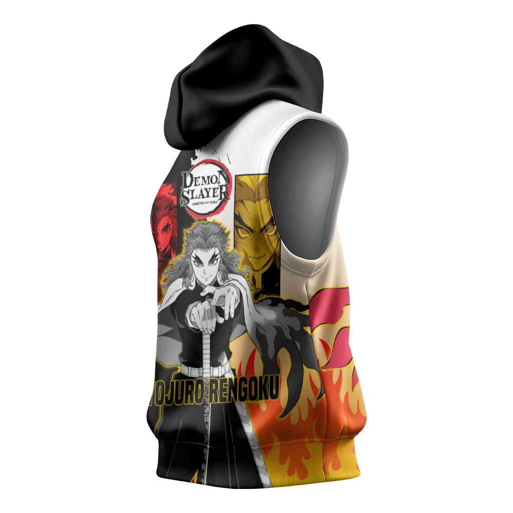 Kyojuro Rengoku from Demon Slayer Sleeveless Hoodie with Black and White Split Design and Fiery Manga Panel Background - The Mazicc