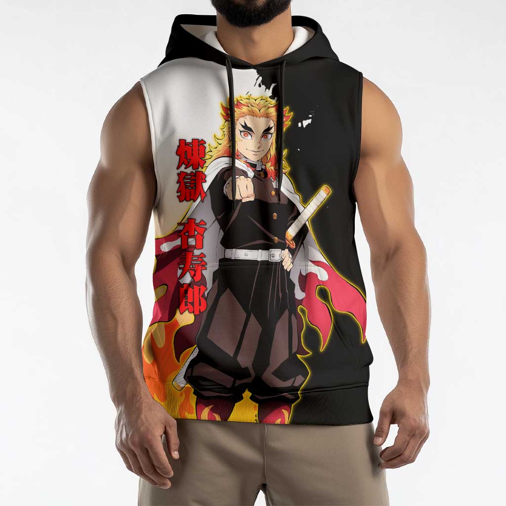 Kyojuro Rengoku from Demon Slayer Sleeveless Hoodie with Black and White Split Design and Fiery Manga Panel Background - The Mazicc