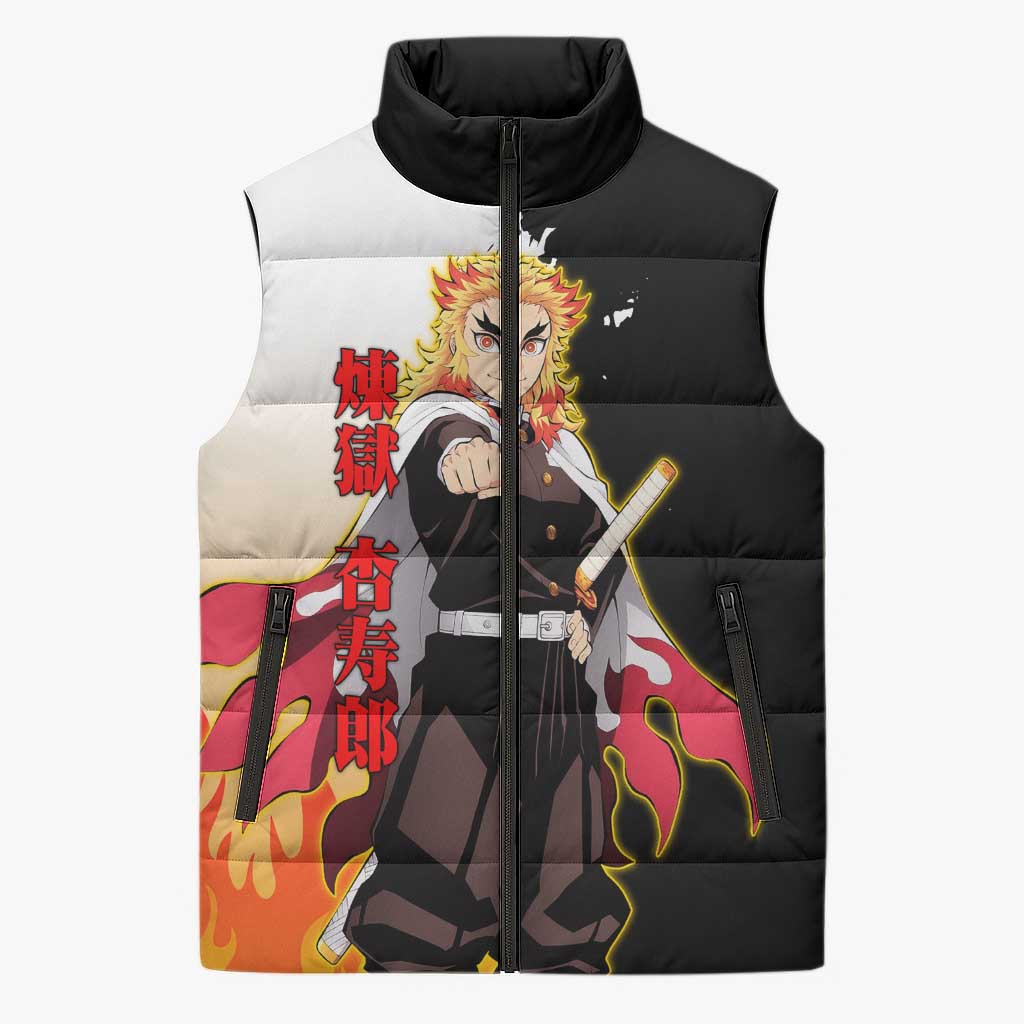 Kyojuro Rengoku from Demon Slayer Sleeveless Puffer Jacket with Black and White Split Design and Fiery Manga Panel Background - The Mazicc