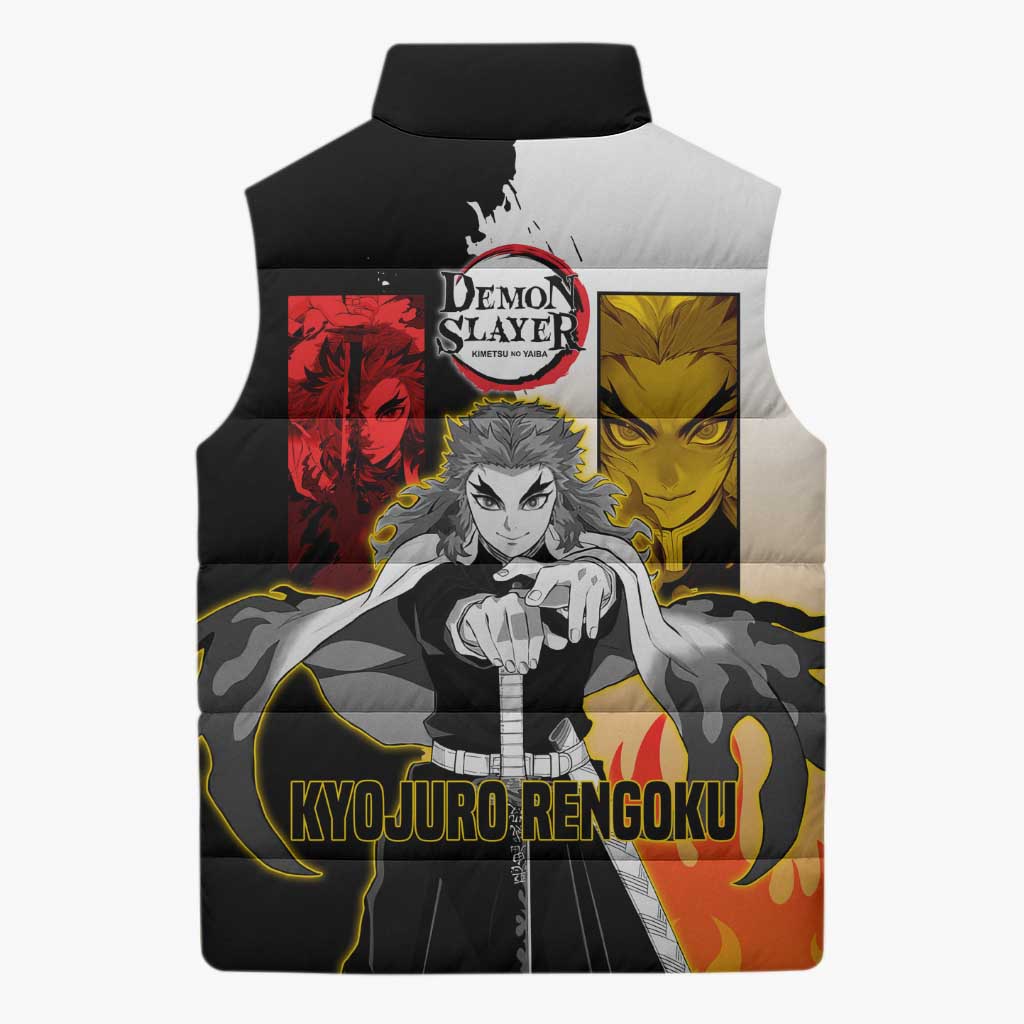 Kyojuro Rengoku from Demon Slayer Sleeveless Puffer Jacket with Black and White Split Design and Fiery Manga Panel Background - The Mazicc
