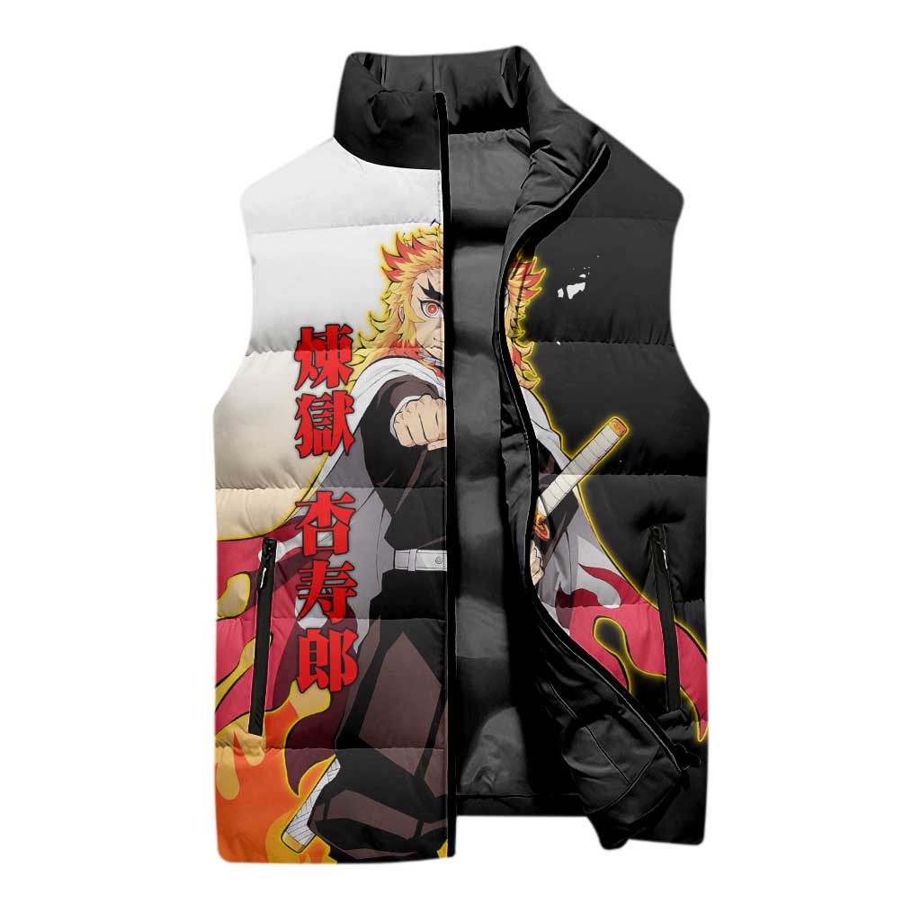 Kyojuro Rengoku from Demon Slayer Sleeveless Puffer Jacket with Black and White Split Design and Fiery Manga Panel Background - The Mazicc