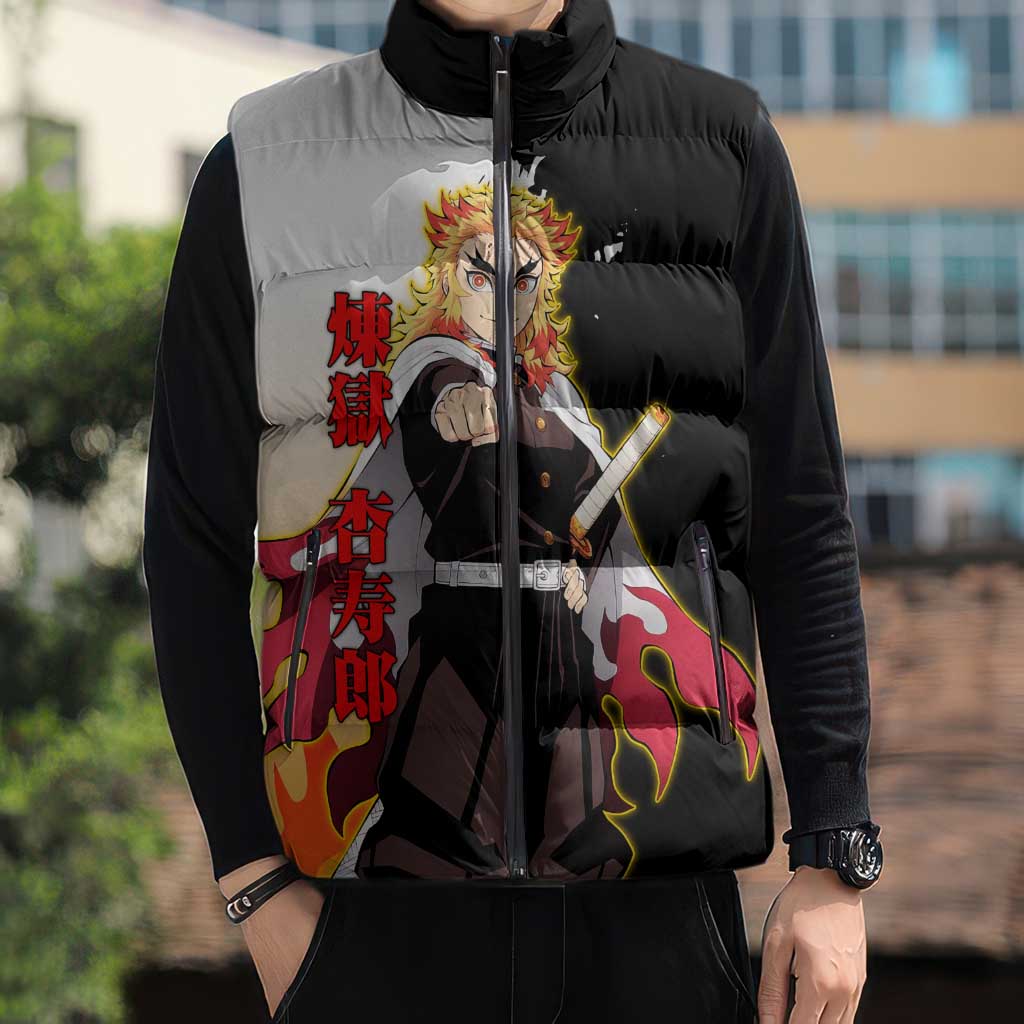 Kyojuro Rengoku from Demon Slayer Sleeveless Puffer Jacket with Black and White Split Design and Fiery Manga Panel Background - The Mazicc