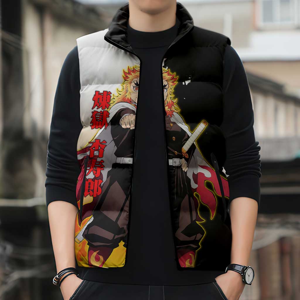 Kyojuro Rengoku from Demon Slayer Sleeveless Puffer Jacket with Black and White Split Design and Fiery Manga Panel Background - The Mazicc