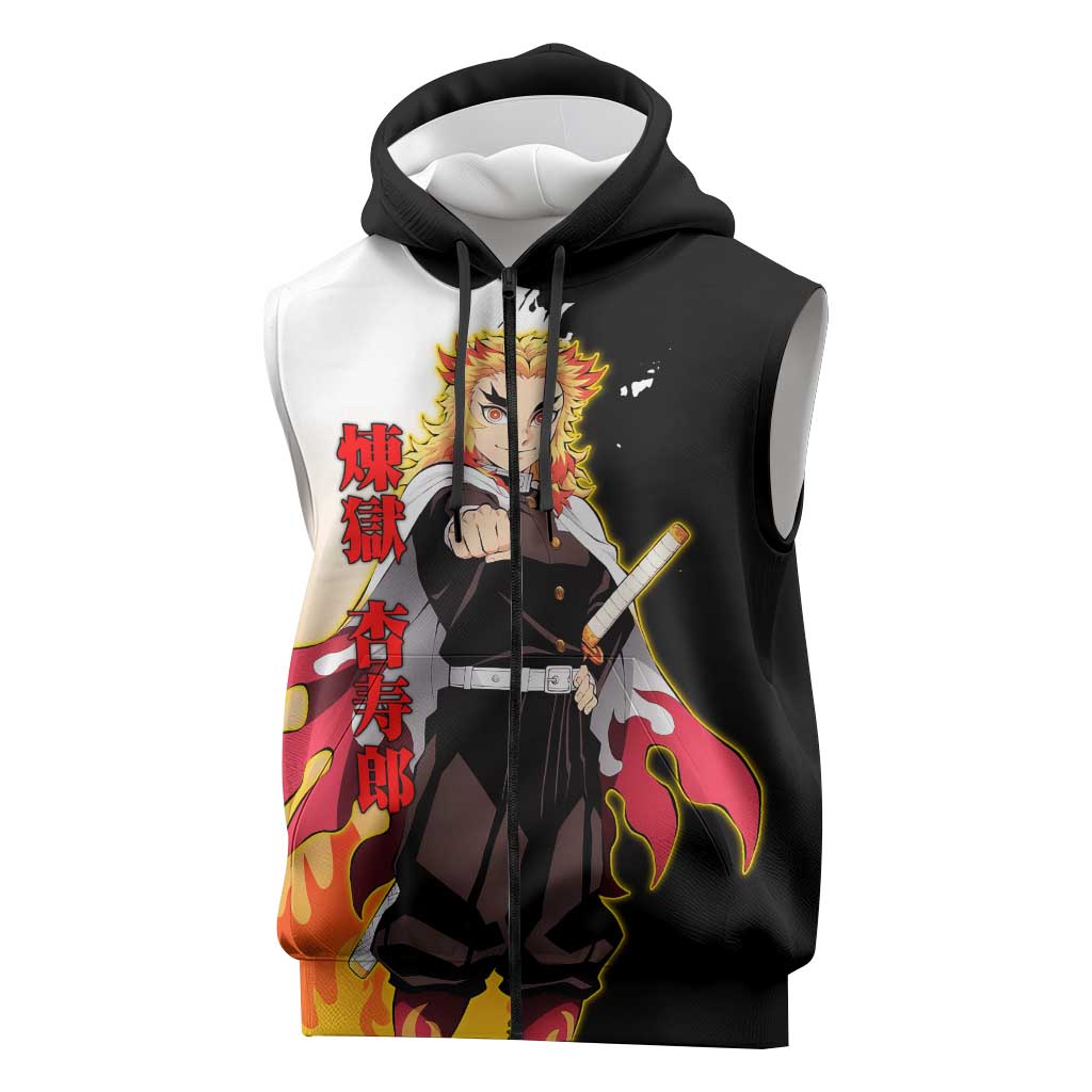 Kyojuro Rengoku from Demon Slayer Sleeveless Zip Hoodie with Black and White Split Design and Fiery Manga Panel Background - The Mazicc
