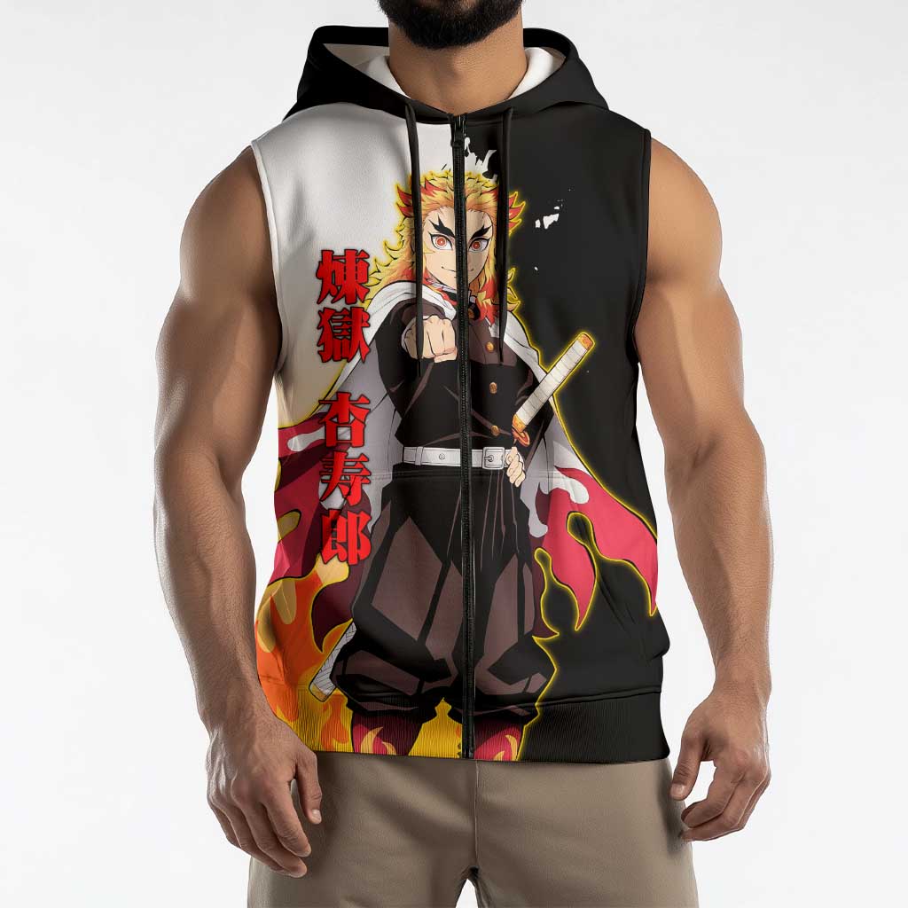 Kyojuro Rengoku from Demon Slayer Sleeveless Zip Hoodie with Black and White Split Design and Fiery Manga Panel Background - The Mazicc