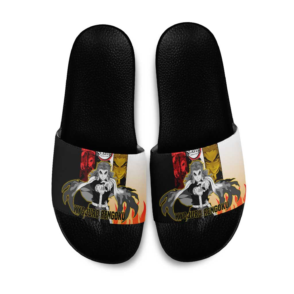 Kyojuro Rengoku from Demon Slayer Slide Sandals with Black and White Split Design and Fiery Manga Panel Background - The Mazicc