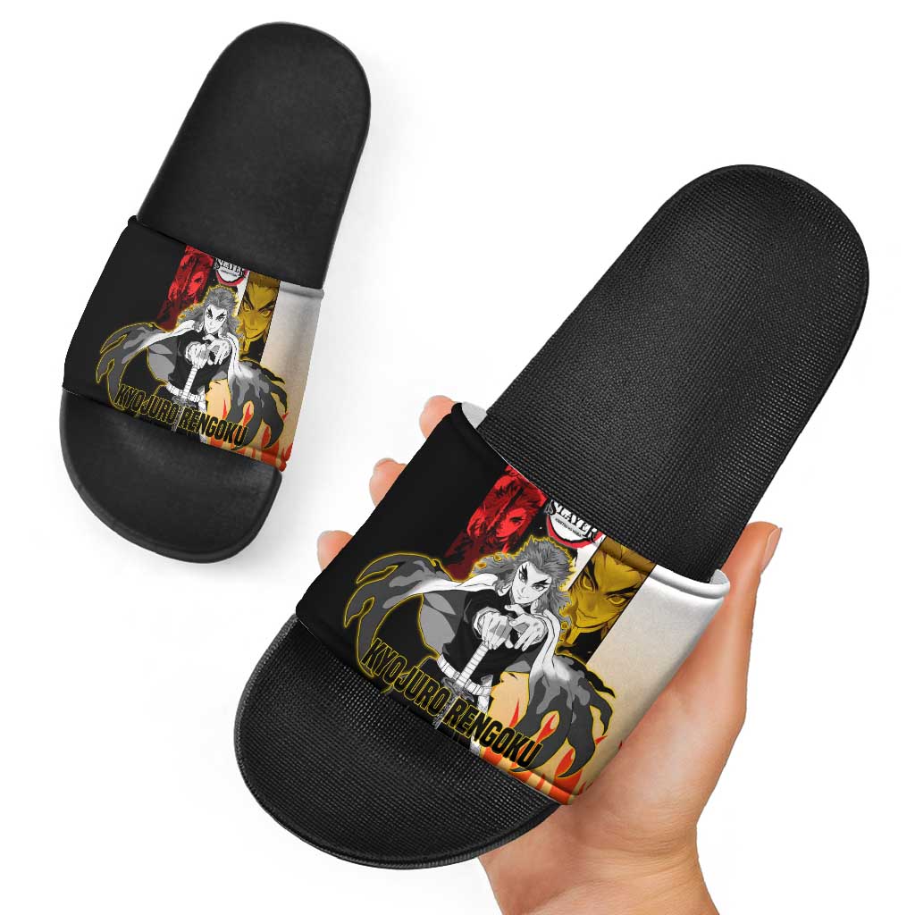 Kyojuro Rengoku from Demon Slayer Slide Sandals with Black and White Split Design and Fiery Manga Panel Background - The Mazicc