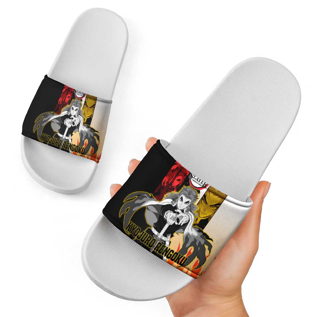 Kyojuro Rengoku from Demon Slayer Slide Sandals with Black and White Split Design and Fiery Manga Panel Background - The Mazicc
