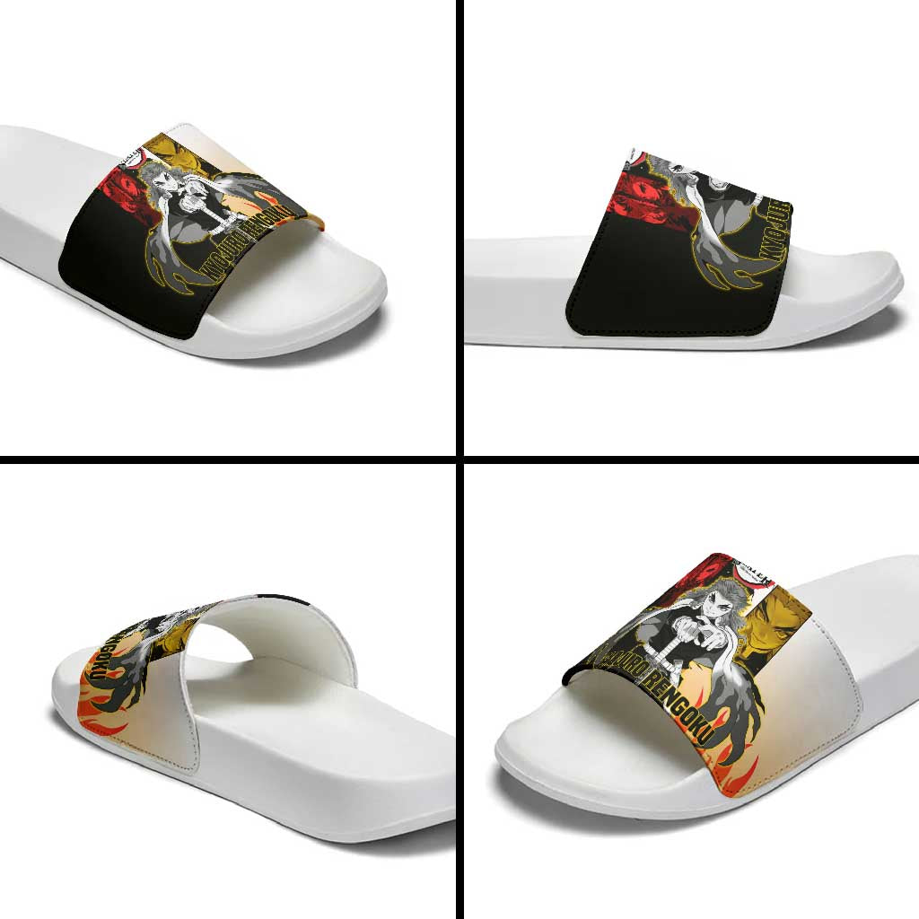 Kyojuro Rengoku from Demon Slayer Slide Sandals with Black and White Split Design and Fiery Manga Panel Background - The Mazicc