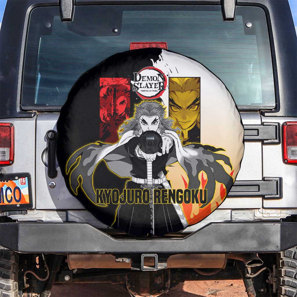 Kyojuro Rengoku from Demon Slayer Spare Tire Cover with Black and White Split Design and Fiery Manga Panel Background - The Mazicc