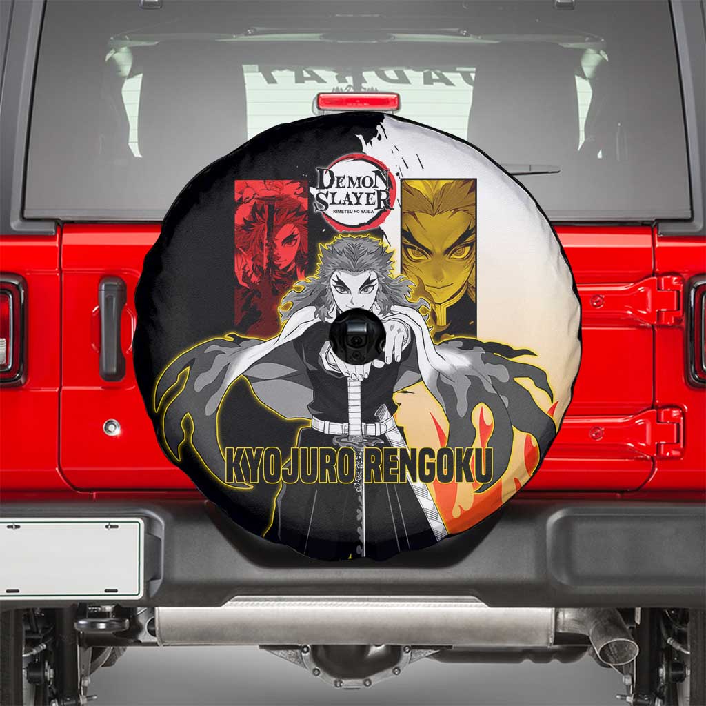 Kyojuro Rengoku from Demon Slayer Spare Tire Cover with Black and White Split Design and Fiery Manga Panel Background - The Mazicc