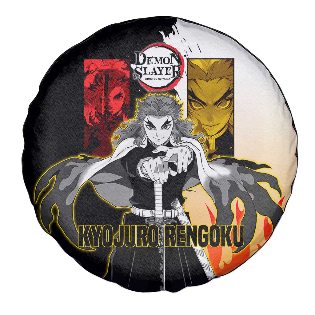 Kyojuro Rengoku from Demon Slayer Spare Tire Cover with Black and White Split Design and Fiery Manga Panel Background - The Mazicc