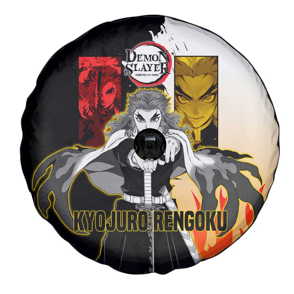Kyojuro Rengoku from Demon Slayer Spare Tire Cover with Black and White Split Design and Fiery Manga Panel Background - The Mazicc
