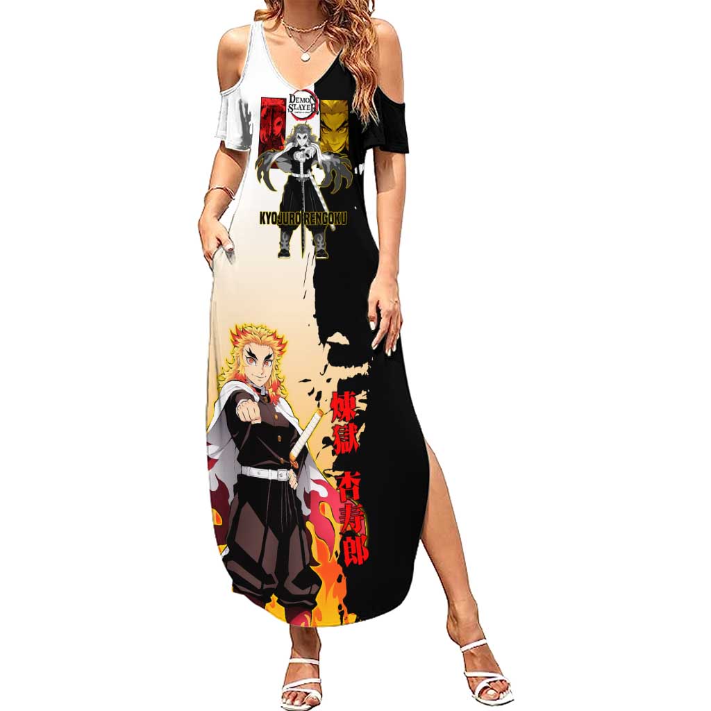 Kyojuro Rengoku from Demon Slayer Summer Maxi Dress with Black and White Split Design and Fiery Manga Panel Background - The Mazicc