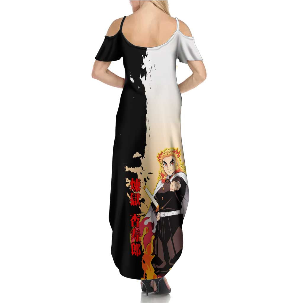 Kyojuro Rengoku from Demon Slayer Summer Maxi Dress with Black and White Split Design and Fiery Manga Panel Background - The Mazicc