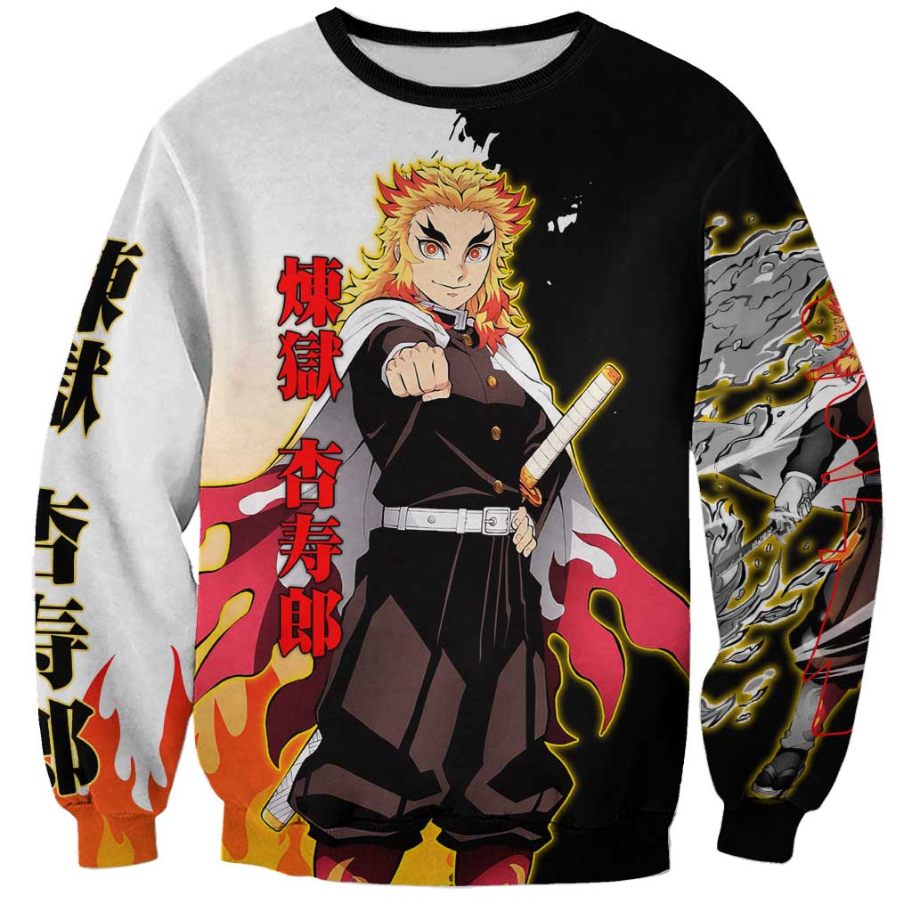 Kyojuro Rengoku from Demon Slayer Sweatshirt with Black and White Split Design and Fiery Manga Panel Background - The Mazicc