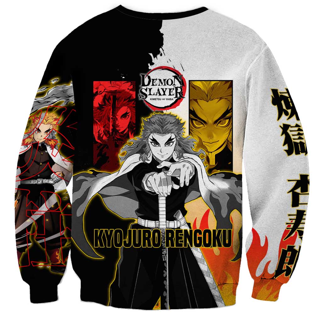 Kyojuro Rengoku from Demon Slayer Sweatshirt with Black and White Split Design and Fiery Manga Panel Background - The Mazicc
