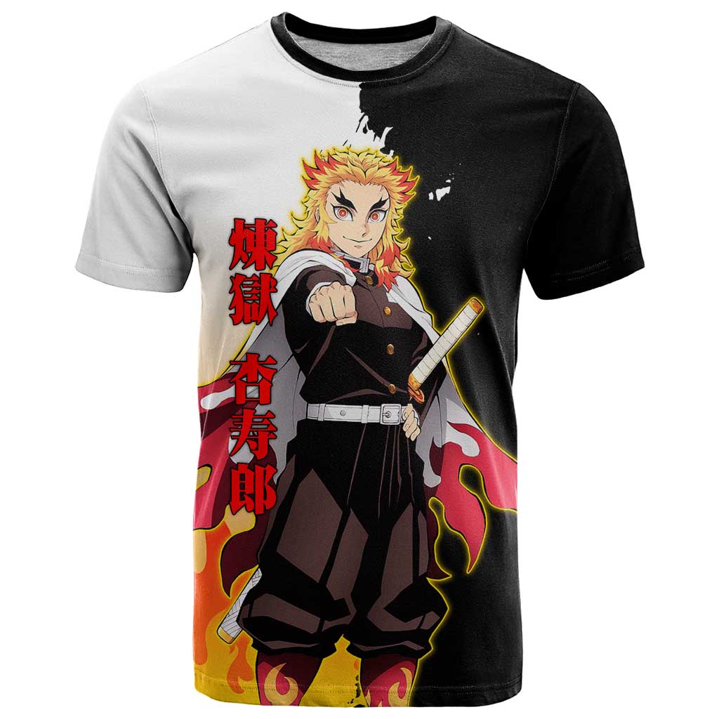 Kyojuro Rengoku from Demon Slayer T Shirt with Black and White Split Design and Fiery Manga Panel Background - The Mazicc