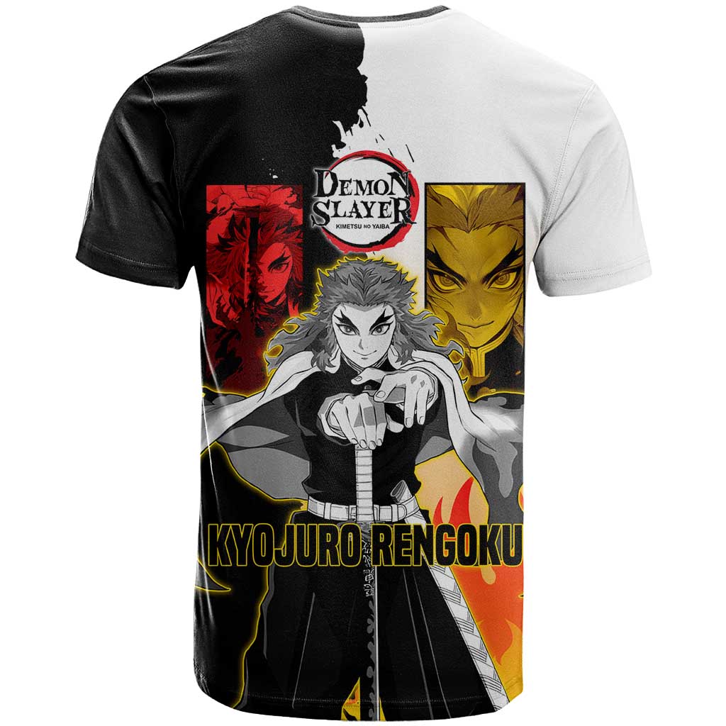 Kyojuro Rengoku from Demon Slayer T Shirt with Black and White Split Design and Fiery Manga Panel Background - The Mazicc