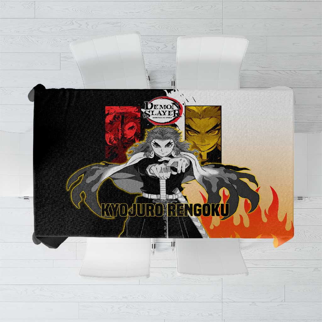 Kyojuro Rengoku from Demon Slayer Tablecloth with Black and White Split Design and Fiery Manga Panel Background - The Mazicc