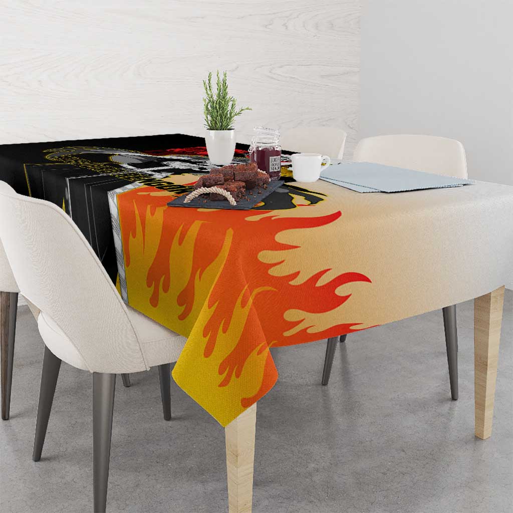 Kyojuro Rengoku from Demon Slayer Tablecloth with Black and White Split Design and Fiery Manga Panel Background - The Mazicc