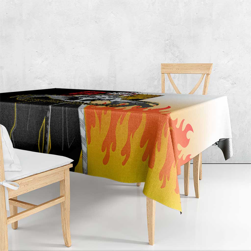 Kyojuro Rengoku from Demon Slayer Tablecloth with Black and White Split Design and Fiery Manga Panel Background - The Mazicc