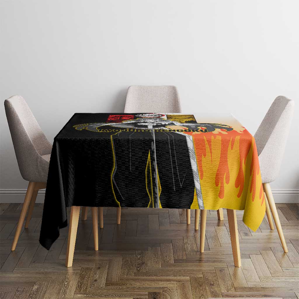 Kyojuro Rengoku from Demon Slayer Tablecloth with Black and White Split Design and Fiery Manga Panel Background - The Mazicc